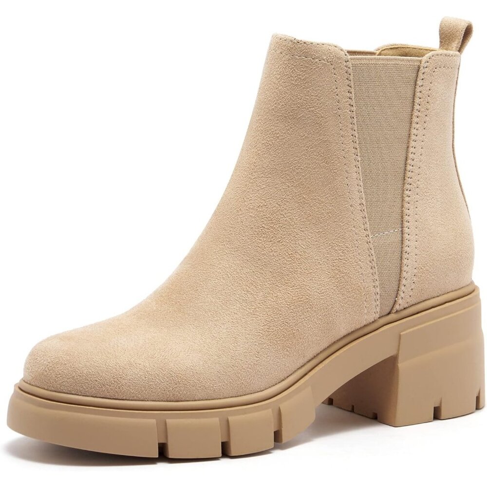 Redtop Women's Nude Faux Suede Elastic Chunky Block Heel Lug Sole Ankle Boot